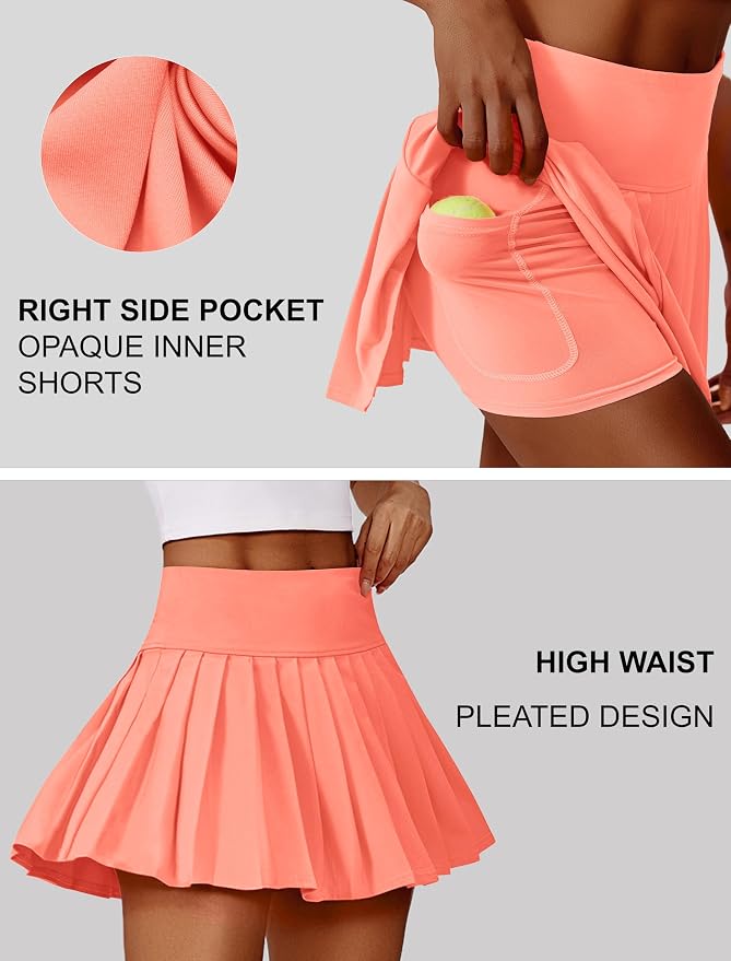 PINSPARK Pleated Tennis Skirts Mini Athletic Golf Skorts with Pocket | 14", High Waist, Lightweight, Quick Dry, Stretchy, Inner Shorts, Sun Protection, Pickleball, Casual, for Women