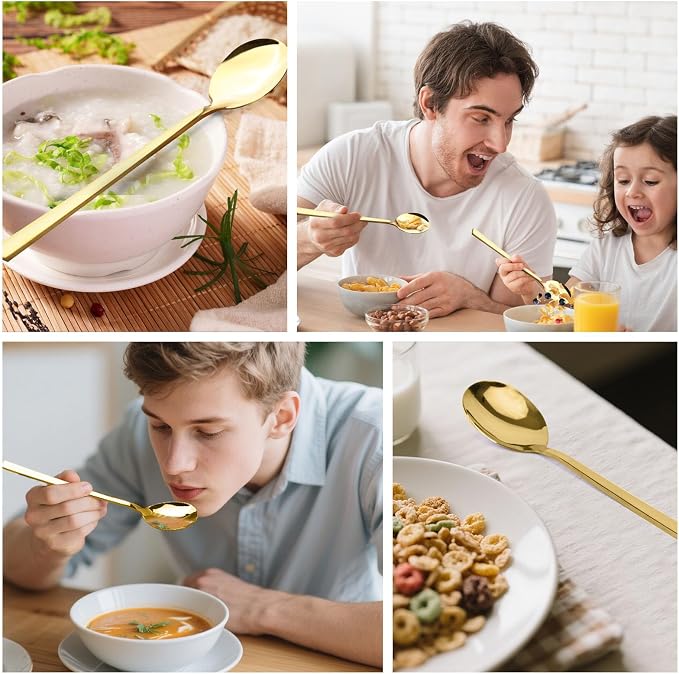 HANSGO 8PCS Gold Korean Soup Spoons – 8 Inch Stainless Steel Tablespoons with Long Handles for Home Kitchen & Restaurant – Durable, Rust-Resistant & Dishwasher Safe, Ideal for Soups, Cereal, Hot Cocoa
