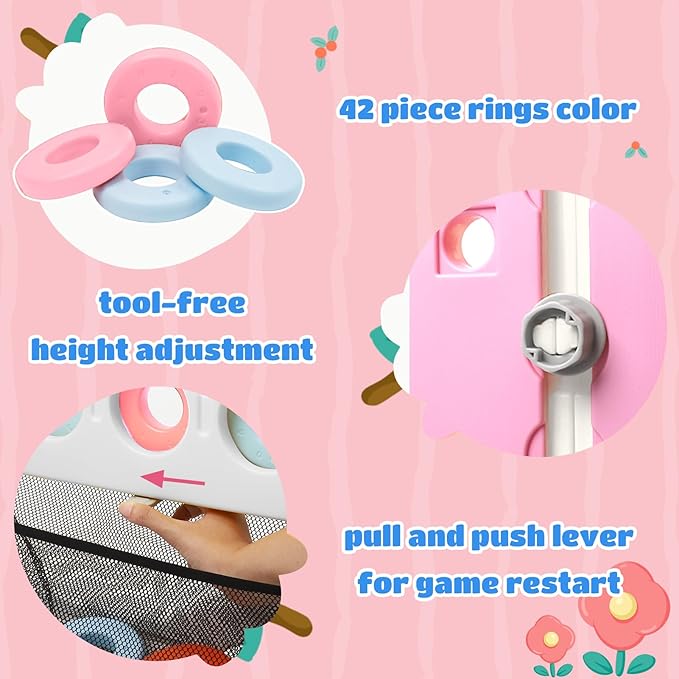 Giant 4 in-A-Row Connect Game Set, Adjustable Height Jumbo Yard Game with Basketball Hoop, Golf, Mesh Pocket & Ring Toss, Indoor Outdoor Family Backyard Party Game for Kids and Adults (Pink-White)