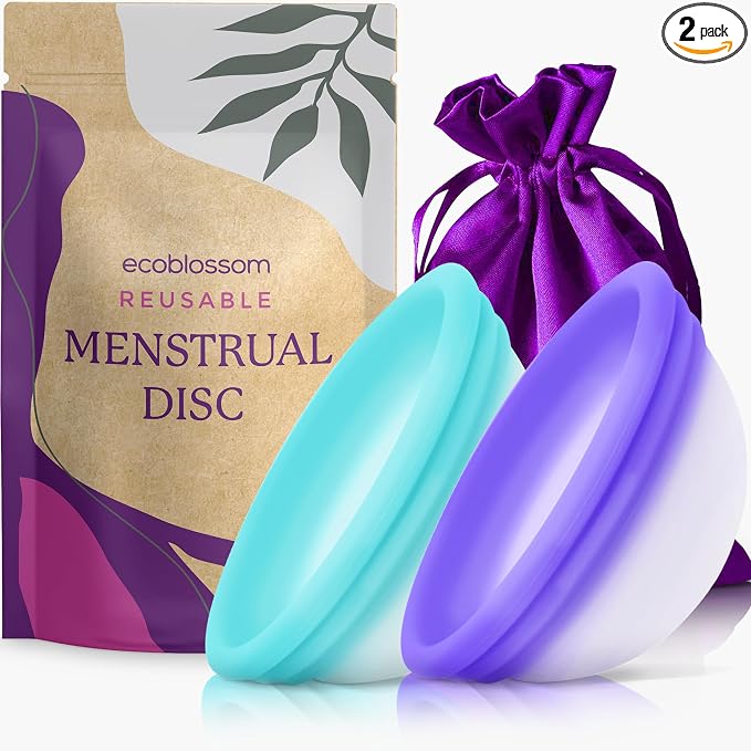 Ecoblossom Menstrual Disc - Set of 2 Reusable Period Discs - Premium Design with Soft, Flexible, Medical-Grade Silicone + 1 Storage Bag (1 Small + 1 Large)