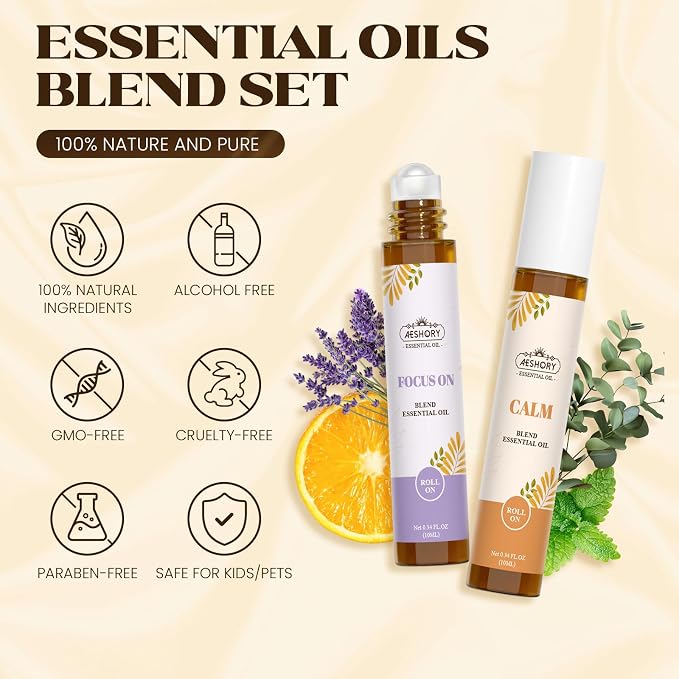 Essential Oils Roll On Set,Gifts for Women & Men (Calm, Relax, Breathe, Focus on, Sleep, Renew), Natural Aromatherapy Oil Blend Kit with Roller Ball for Massage, Body Skin Care, Relaxation Gift