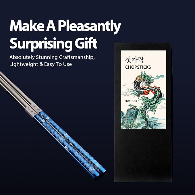 Hagary Dragon Chopsticks Metal Reusable Designed In Korea Japanese Style Stainless Steel 316 18/10 Non-Slip Dishwasher Safe Laser Etched (Blue - 2 Pairs)