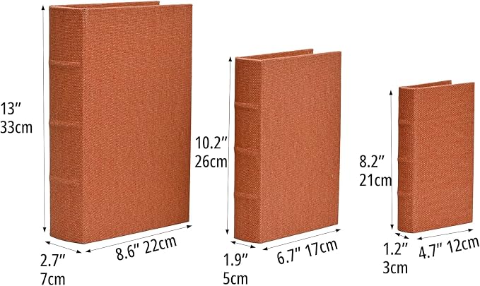 DECOR4SEASON Decorative Book Boxes Set of 3 – Modern Faux Linen & Wood Hidden Storage for Coffee Table – Stackable Fake Books for Shelf Decor, Remote Control & Jewelry Organizer (Rust Brown)