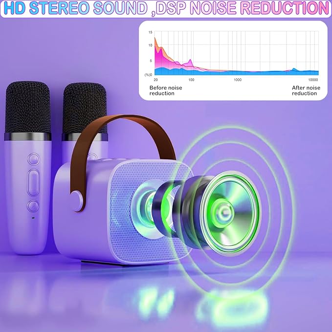 Portable Bluetooth Karaoke Speaker with 2 Wireless Microphones & LED Lights for Kids Birthday Parties
