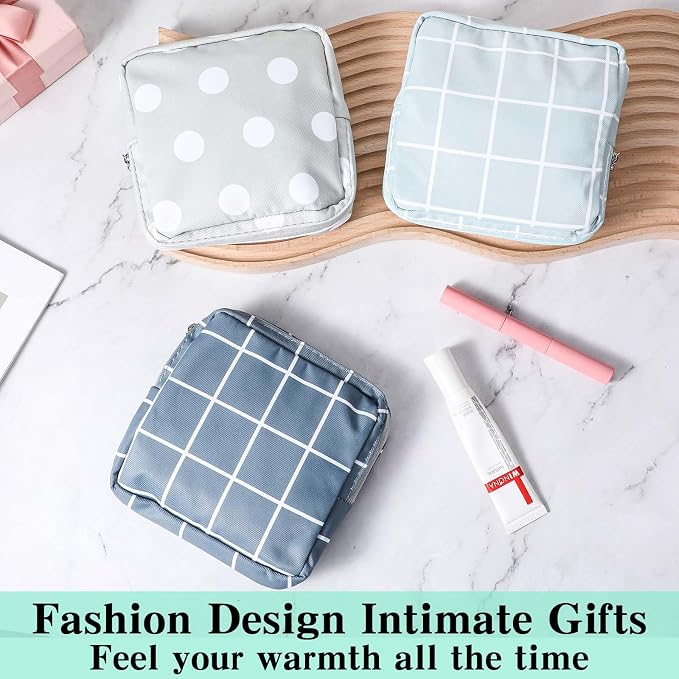 3 PCS Sanitary Pad Storage Bag Portable Period Bag for Teen Pads/Sanitary Napkins/Tampons, Sanitary Napkin Storage Bag First Period Gifts for School, Daily Hygiene Bag Travel Containers(Grey, Blue)