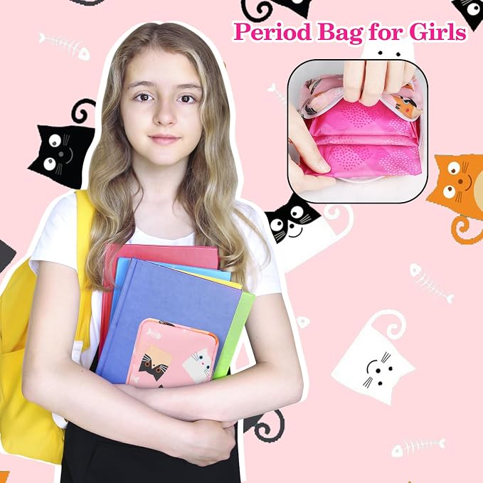 Likesing Period Bag Pouch, Canvas Sanitary Napkin Storage Bag for Girls Womens, Portable Sanitary Napkin Period Pad Pouch for Purse, Small Make Up Bags(Cat, Pink)