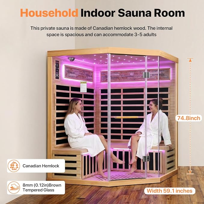Infrared Sauna for 4-5 Person Canadian Hemlock Far Infrared Saunas Low-EMF Home Indoor Dry Saunas with Red Light Therapy 7 Color Ceiling Lights Fast Heating Easy Assembly 59 * 59 * 74.8"