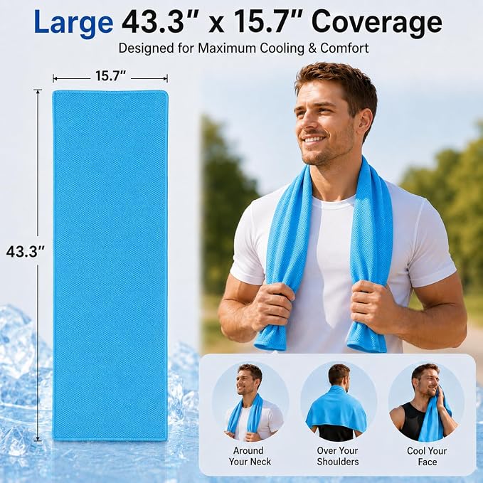 Cooling Towels 43.3" x 15.7" - Ice Towel, Sweat Towel, Cooling Towels for Neck & Face & Cooling Neck Wraps for Summer Heat - Neck Cooler for Quick Cool Down for Gym, Running, Golf, Yoga & Sports