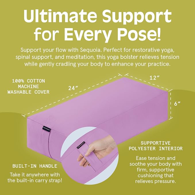 Retrospec Sequoia Meditation Cushion & Yoga Bolster Pillow With Cotton Cover - Supportive 24x12x6in Rectangle for Spine Relief, Joint Support & Posture - Machine Washable With Carry Handle