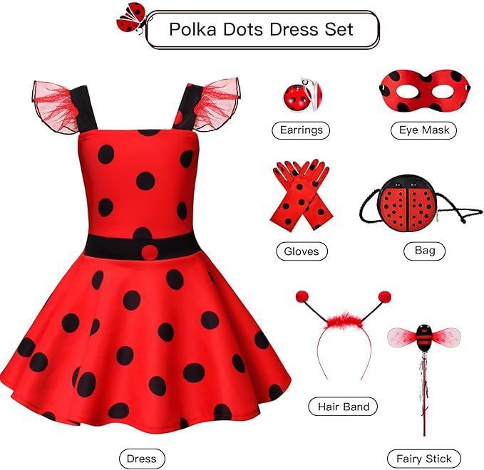 Lady Bug Dress Costume for Girls Polka Dots Tutu Dress Halloween Birthday Dress Up Pretend Play for Kids 3-8