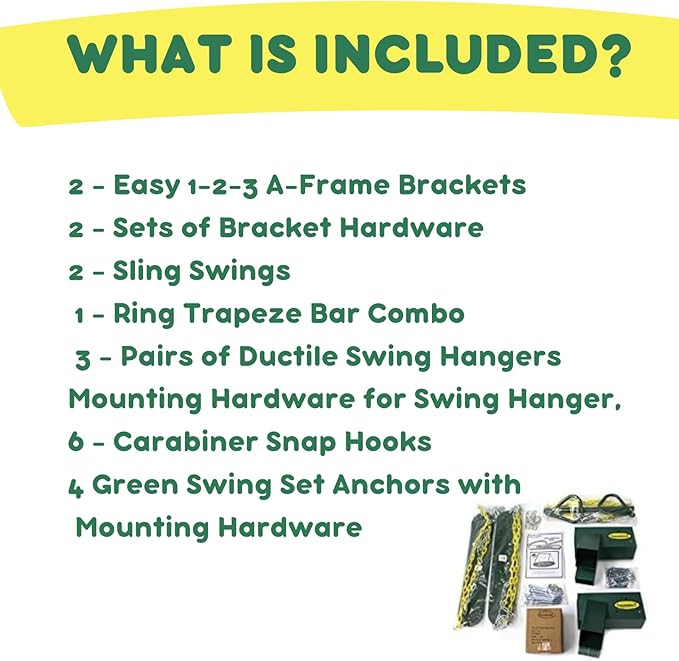 Eastern Jungle Gym DIY Swing Set Hardware Kit with Easy 1-2-3 A-Frame Brackets, Swing Seats, Ring Trapeze Bar and All Assembly Hardware and Instructions - Wood Not Included