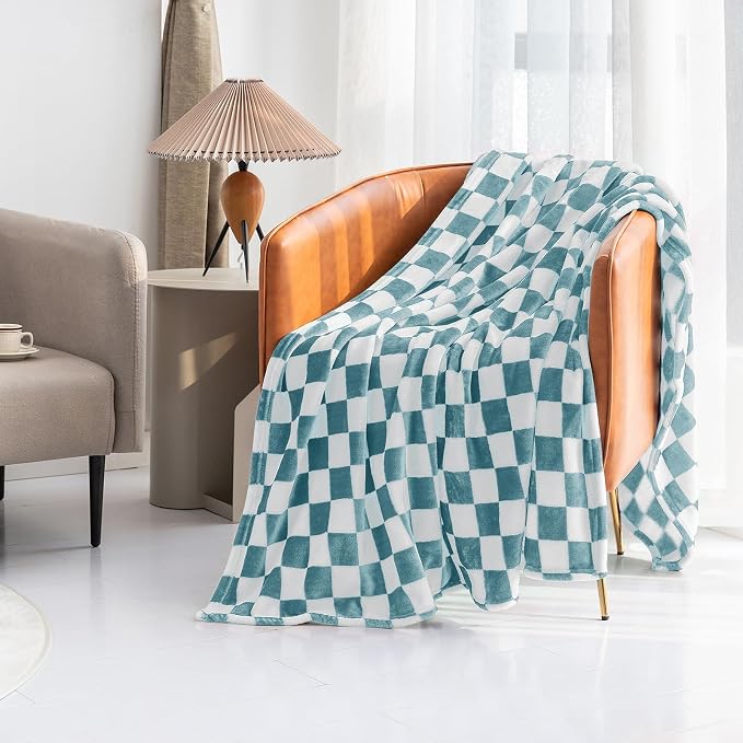 LOMAO Throw Blankets Flannel Blanket with Checkerboard Grid Pattern Soft Throw Blanket for Couch, Bed, Sofa Luxurious Warm and Cozy for All Seasons (Light Blue, 40"x60")