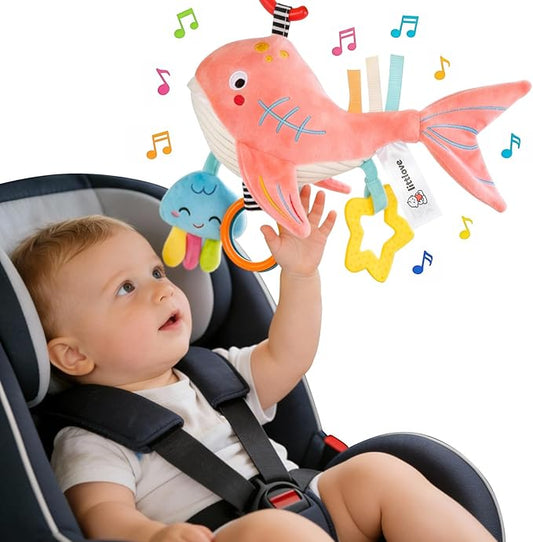 Musical Baby Toys for Car Seat 6-12 Months, Travel Sensory Toy 3-6 Months, Montessori Plush Toys for Roadtrip with Teether Crinkle Textures Clackers Squeaky Pulling Cords Newborn Infant Valentine Gift