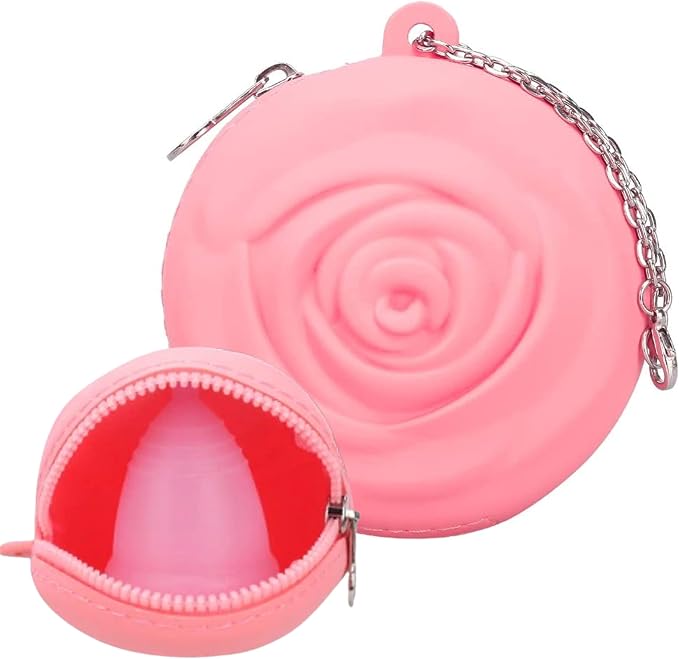 Adorable Pink Peri - Menstrual Period Cup Case Storage Bag | Rose Design + Silicon Material | Easy to carry, clean, and use | Metal Chain attached | Multi-use for small items (Cup not included) Pink