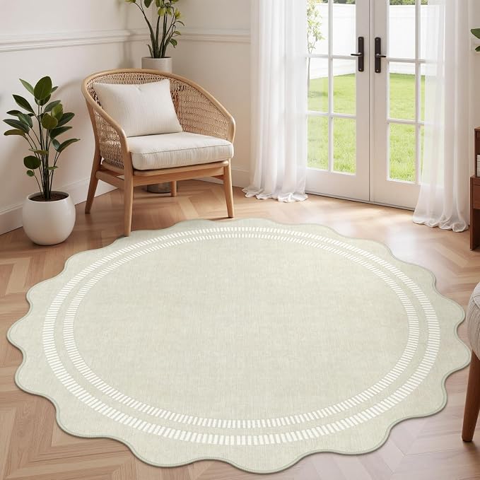 Area Rugs 5ft Living Room Washable Rug | Neutral Beige Soft Non Slip Rugs Ultra-Thin Indoor Carpet for Bedroom Dining Room Nursery Home Office