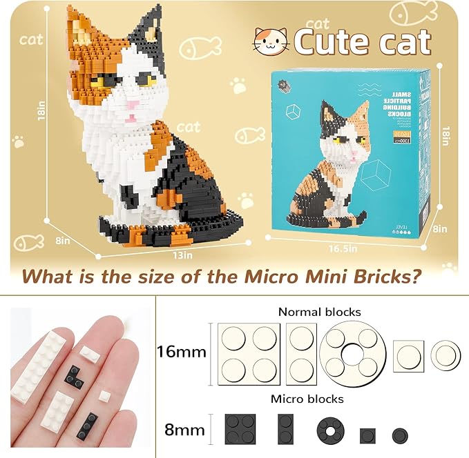 QLT QIAOLETONG Cat Mini Building Blocks Cute Animals Sets for Goodie Bags, 1300 PCS Micro Mini Building Toy DIY 3D Bricks Kit for Adults, Party Favors for Kids, Birthday Gift for Boys Girls