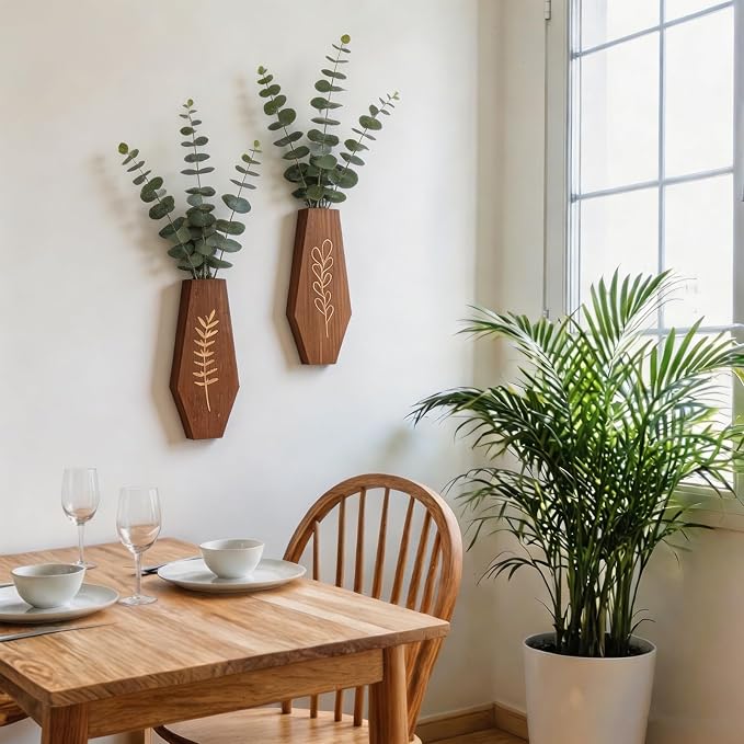 Wood Wall Planter 2 Pack, Modern Farmhouse Wall Decor Mounted Wooden Vase Set, Hanging Planter for Indoor Plants, Boho Wall Decor for Living Room, Entryway, Hallway, Bathroom (Brown)