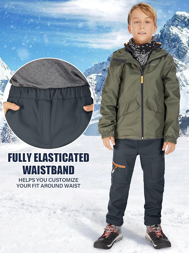linlon Kids Boy's Snow Waterproof Pants Youth Fleece Lind Hiking Softshell Warm Insulated Trousers