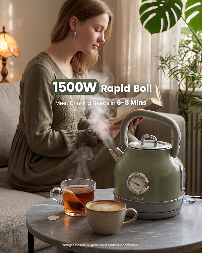 Amaste Electric Kettle, Retro Electric Tea Kettle with Thermometer, 57 Oz Hot Water Kettle for Coffee & Tea, 304 Stainless Steel, 1500W Fast Boiling, Auto Shut-Off & Boil Dry Protection, Matcha Green