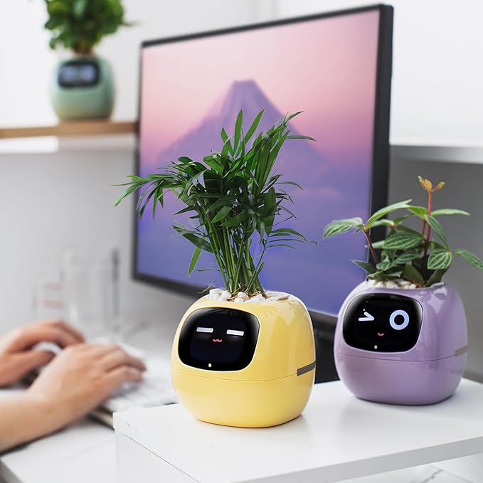 Ivy Intelligent Flower Pot for Home Decoration Plants Companion Neat Desk Setup Gift Smart Pet Planter Robot Guidance on Plant Care with Emojis Pet Friends (Yellow)