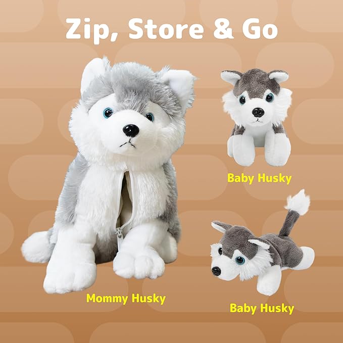 Plush Husky Dog with Zippered Pouch - Plushlings Collection - Soft Stuffed Animal Playset for Baby Boy, Girl, and Toddlers