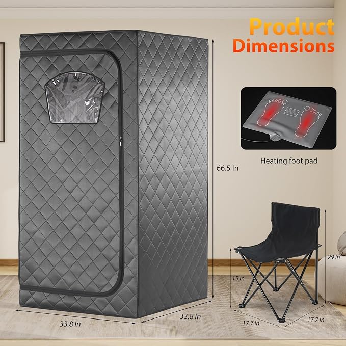 Gollense Portable Infrared Sauna for Home Spa | Full Size 1 Person Sauna | Full Body Personal Far Infrared Sauna Tent 5.5ft Tall | with Heating Foot Pad, Portable Chair, Dark Grey