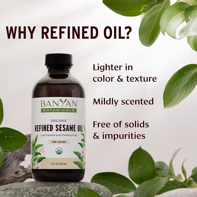 Banyan Botanicals Organic Refined Sesame Oil – Premium Ayurvedic Massage Oil for Body & Skin – Light & Mild Scented Warming Oil for Abhyanga Self-Massage – 16 oz – USDA Organic