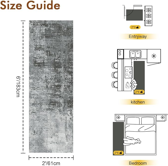 2x6 Ft Washable Runner Rug, Non-Slip Low Pile Hallway Kitchen Area Rug, Soft Long Entryway Floor Mat Abstract Pattern Carpet for Bedside & High-Traffic Areas (Grey)