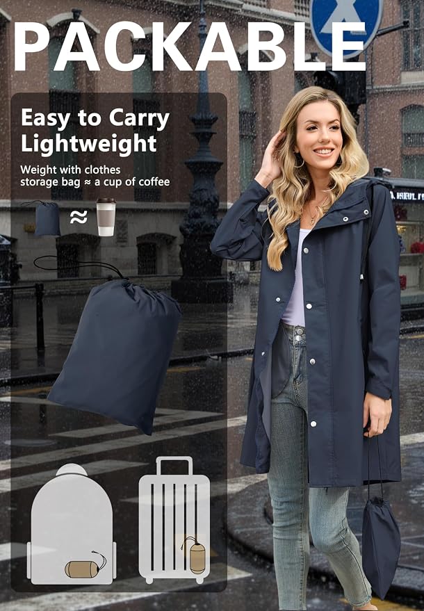 Zando Long Packable Rain Jacket Women Waterproof Raincoat with Hood | Relaxed-Fit Lightweight Windbreaker for Women; Travel Rain Coats for Commute, Hiking, Cruise, and Daily wear