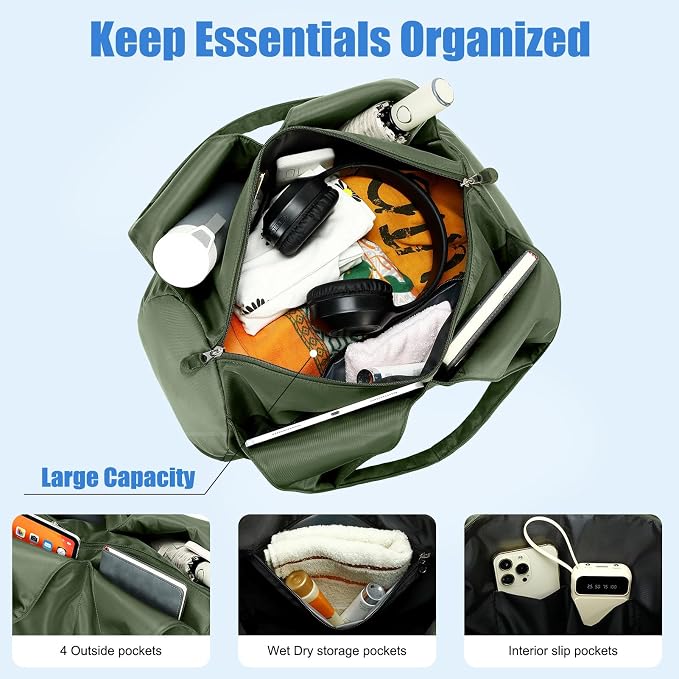forestfish Yoga Gym Bag for Women with Shoes Compartment & Wet Dry Storage Pockets Lightweight Duffel Bag, Army Green