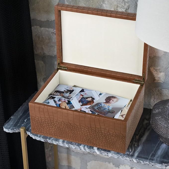HofferRuffer Faux Leather Decorative Box, Large Wooden Structure Keepsake Box Accessory Organizer Jewelry Organizer with Hinged Lid, Storage Container for Home or Office (CrocoBrown)