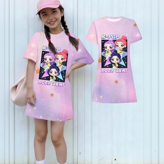 Girl's Anime K-POP Graphic Long Dress T-Shirt - Casual Loose Fit Short Sleeve Top