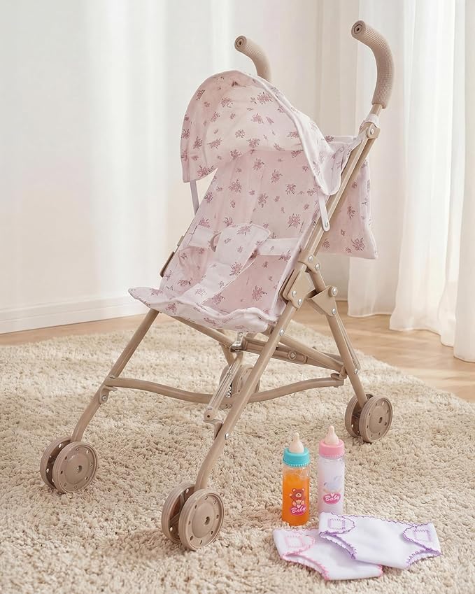BABESIDE Baby Doll Stroller, Easy-to-Assemble Stroller for 3+ Girls, Includes 5-Piece Baby Doll Playset with Accessories for 12-15 Inch Dolls