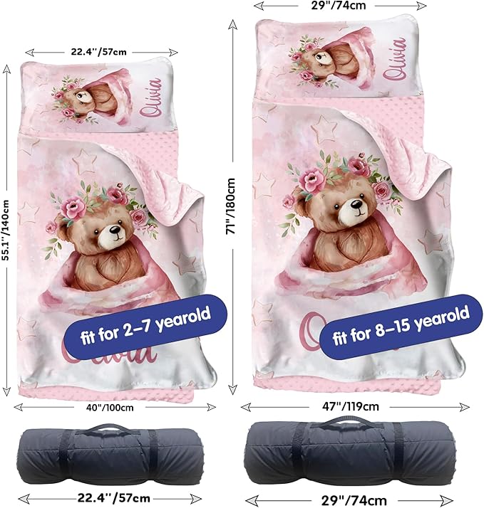 Personalized Toddler Nap Mat for Girls – Custom Name Kids Nap Mat – Daycare Sleeping Mats with Removable Pillow and Soft Minky Dot Blanket for Preschool, Travel, Kindergarten