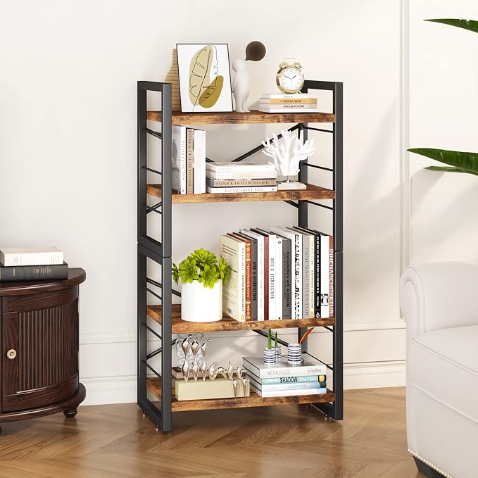Homeiju Bookshelf, Dorm Desk Hutch, Desk Shelf Organizer, 4 Tier Stackable Bookcase, Adjustable Industrial Book Shelf Storage Organizer for Desktop, Living Room, Bedroom, Office,Rustic Black and Brown