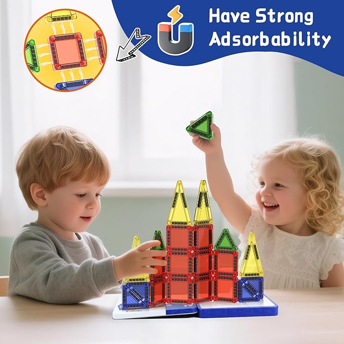Travel Mini Magnetic Tiles 26 PCS, STEM Magnetic Building Toys for Kids Ages 4-8 with Iron Case, Blocks Building Preschool Learning Sensory Montessori Toys for 3+ Year Old Boys and Girls