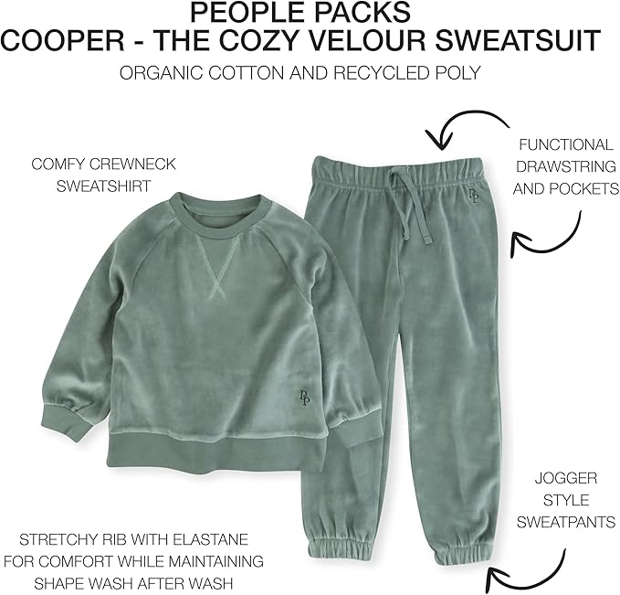 Cooper II People Packs - The Plush Organic Cotton Velour Sweatsuit, 2-Piece Top Pants Set, Baby and Toddler
