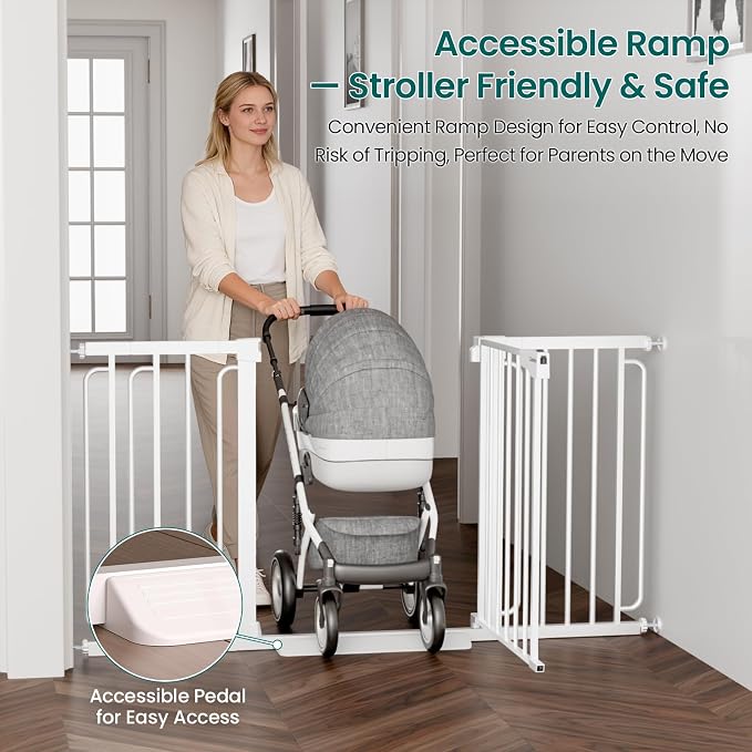Cumbor 30.4-56.8" Extra Wide Baby Gate for Stairs, Dual Lock & Self-Closing Dog Gate Indoor, Easy Install Pet Gate for Doorways & Wide Openings, Easy Walk Thru Safety Proofing for Babies & Pets, White