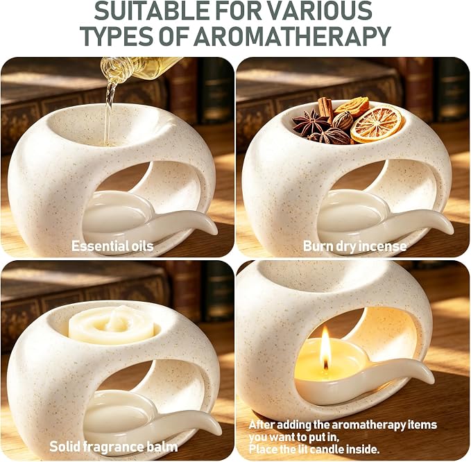 Ceramic Essential Oil Burner, Aromatherapy Oil Warmer with Tealight Candle, Incense Aroma Diffuser for Home Spa Yoga Meditation Relaxation & Room Decor White