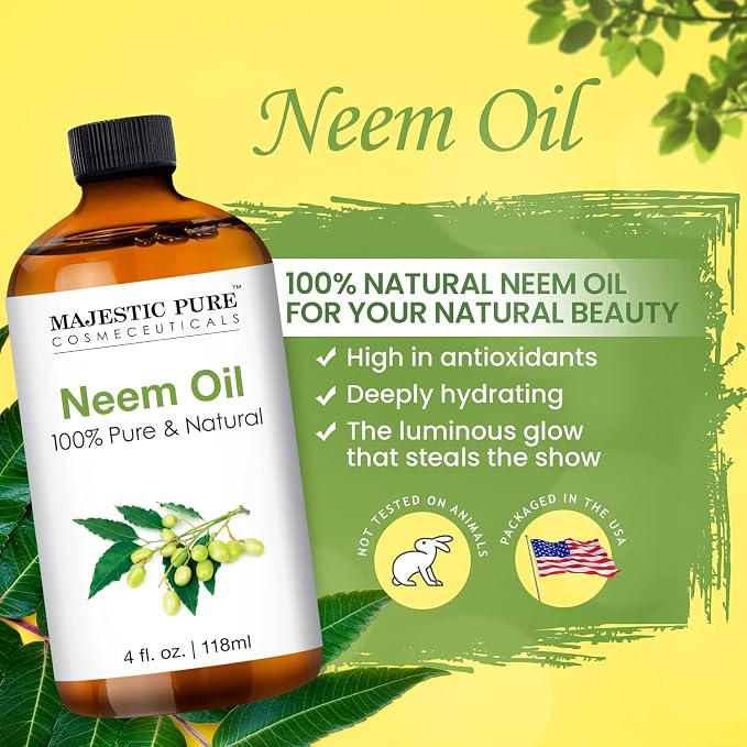Majestic Pure Essential Oil with Glass Dropper - 100% Pure and Natural - Essential Oils for Diffuser, Aromatherapy, Soap and Candle Making, Neem Essential Oil, Neem Oil, 4 Fl Oz
