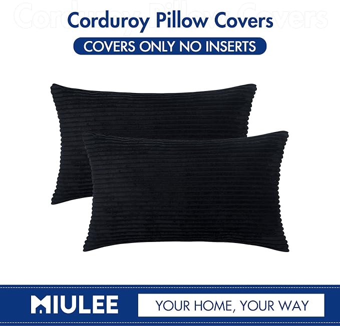 MIULEE Lumbar Corduroy Throw Pillow Covers Set of 2 12x20 Black | Decorative Soft Striped Textured Cushion Cases, Boho Modern Pillowcases for Home Decor, for Couch Chair Sofa Bed Living Room