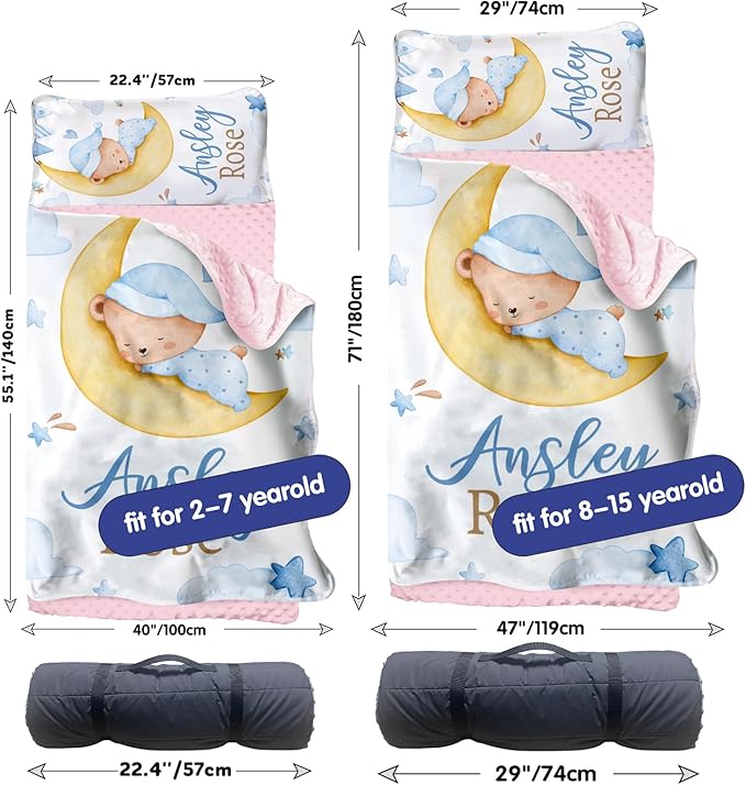 Personalized Toddler Nap Mat for Girls – Custom Name Kids Nap Mat – Daycare Sleeping Mats with Removable Pillow and Soft Minky Dot Blanket for Preschool, Travel, Kindergarten
