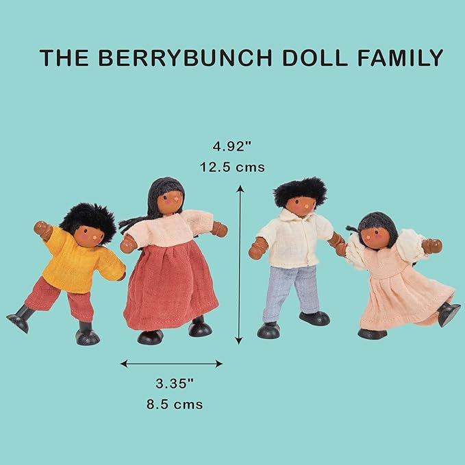 Mentari Toys - The Berrybunch Doll Family - 4pc Poseable Wooden Doll Set with Fabric Clothes - Perfect for Dollhouses and Small World Play - Encourages Imaginative Play and Social Skills - Age 3+