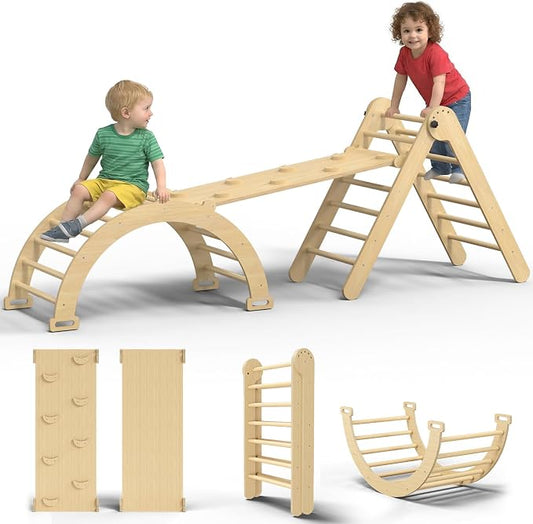 Large Pikler Triangle Set, 7-in-1 Toddler Climbing Toys Indoor, Wooden Montessori Climbing Set with Arch Ramp Ladder, Foldable Baby Jungle Gym Playground (Wood Natural)