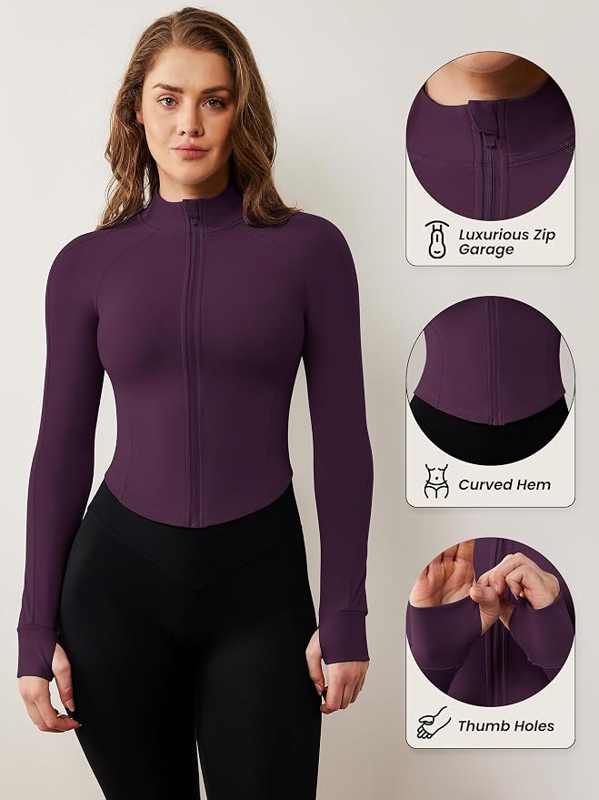 AVGO Women's Workout Jacket Lightweight Zip Up Cropped Yoga Jackets Slim Fit Athletic Tops with Thumb Holes