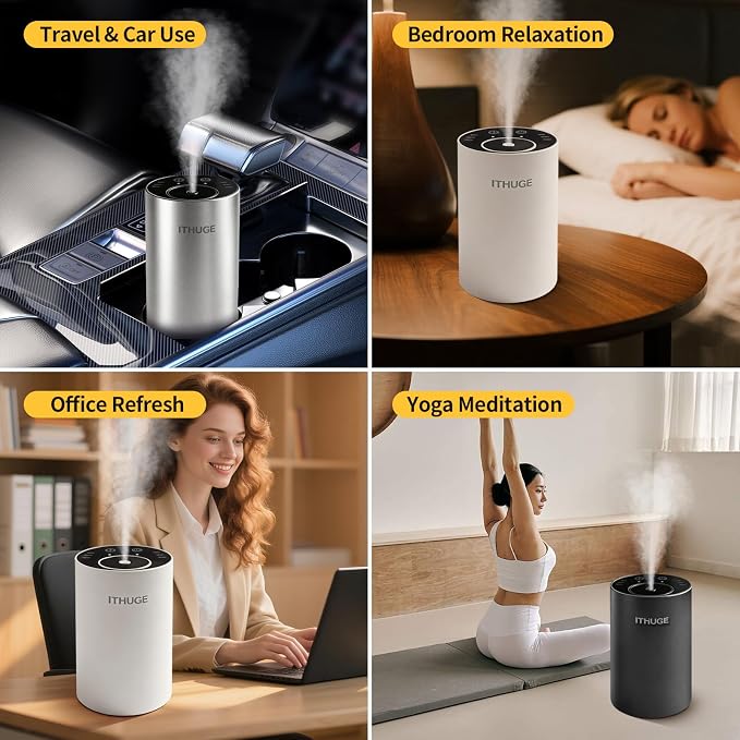 Waterless Essential Oil Diffuser, 48Hr Battery Nebulizing Aromatherapy Diffuser Portable Rechargeable with 3 Intensity Levels, USB-C for Car Home Office Yoga Travel, 1000 Sq Ft (White)