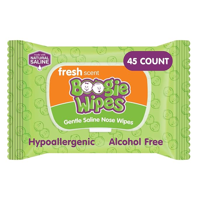 Boogie Wipes Saline Nose Wipes - 45 Count - Fresh Scent, Hypoallergenic & Alcohol-Free - Allergy Relief - Made with Natural Saline, Aloe, Chamomile & Vitamin E - Diaper Bag Essential