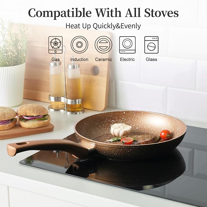 Innerwell 8-Inch Nonstick Frying Pan Small Egg Pan Skillet | Even Heating All Stove Compatible, PFOA PFOS Free, Granite Stone Cookware Skillet, Healthy and Non Toxic, Gold