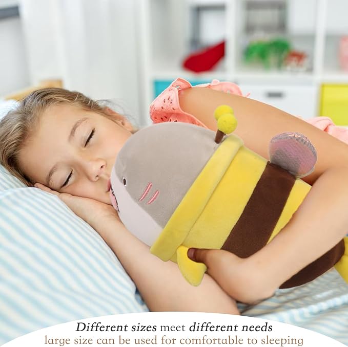 ARELUX 14in Yellow Bee Plush Pillow, Anime Bee Shark Plushie Doll, Soft Stuffed Toy, Kids Plush Pillow