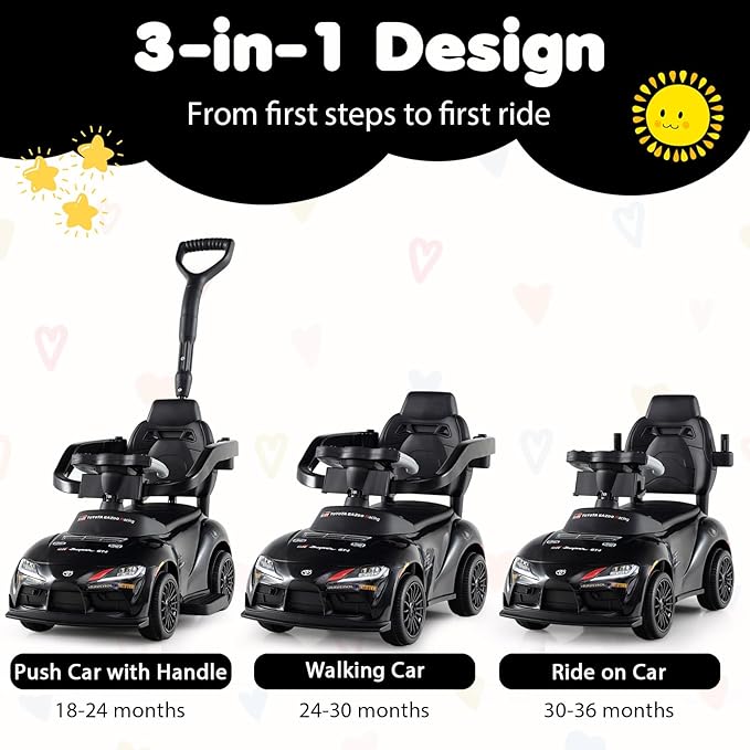 Costzon Push Car for Toddlers, 3 in 1 Toyota Licensed Stroller Sliding Walking Car w/Handle, Music, Safety Guardrail, Under-Seat Storage, Foot-to-Floor Kids Ride On Toys for Boys Girls (Black)